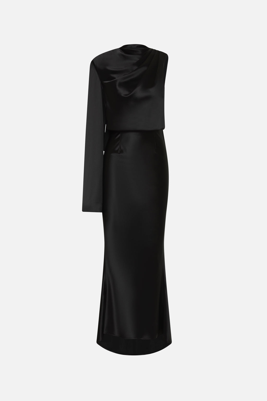 Black satin midi dress with draped high neck and long cape-like sleeve