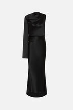 Black satin midi dress with draped high neck and long cape-like sleeve