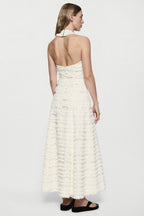 Winter white cotton fringe dress, sleeveless back view with open back