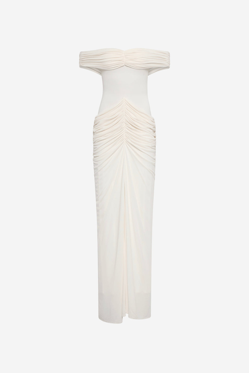 Off-shoulder maxi dress, off-white, with ruched center detail and draped skirt