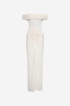 Off-shoulder maxi dress, off-white, with ruched center detail and draped skirt