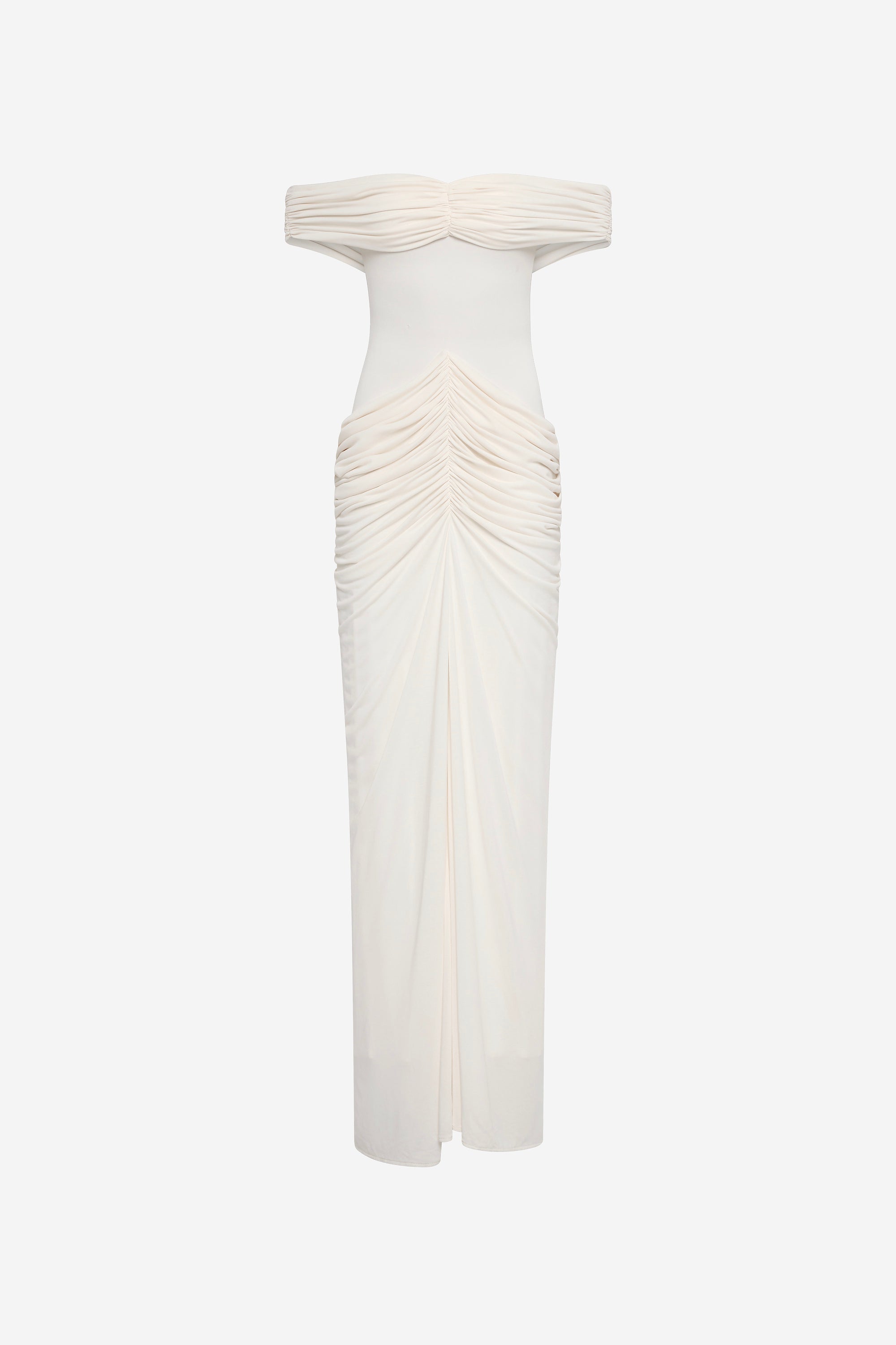 Off-shoulder maxi dress, off-white, with ruched center detail and draped skirt