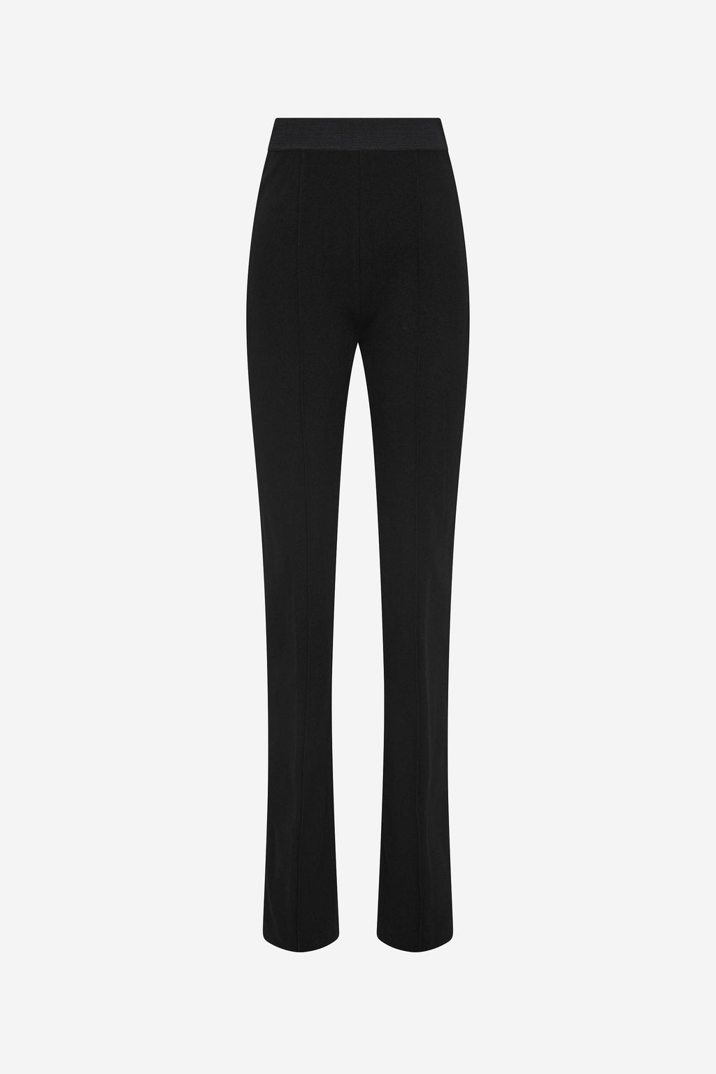Black stretch crepe trousers on mannequin, straight-leg silhouette