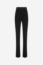 Black stretch crepe trousers on mannequin, straight-leg silhouette