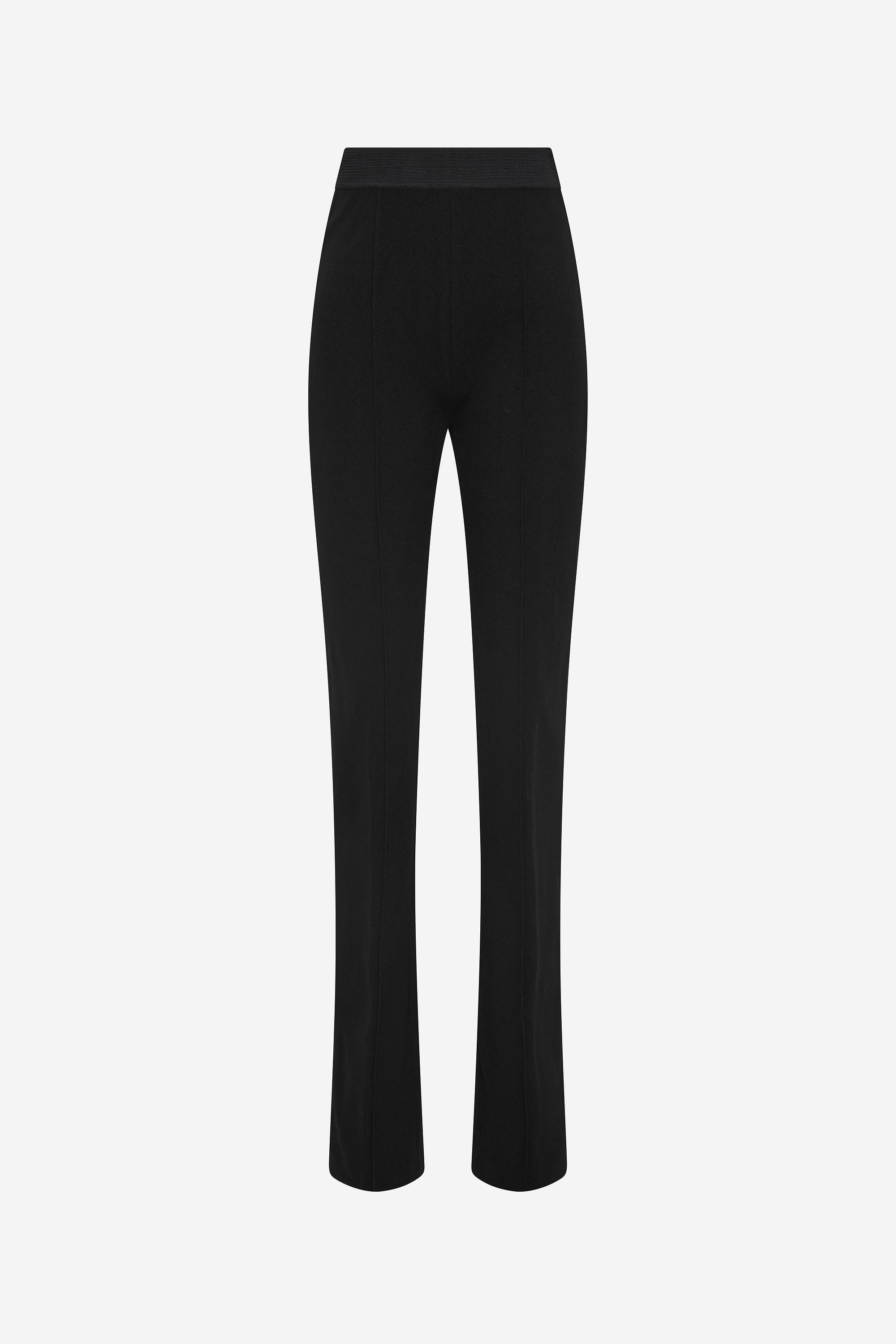 Black stretch crepe trousers on mannequin, straight-leg silhouette