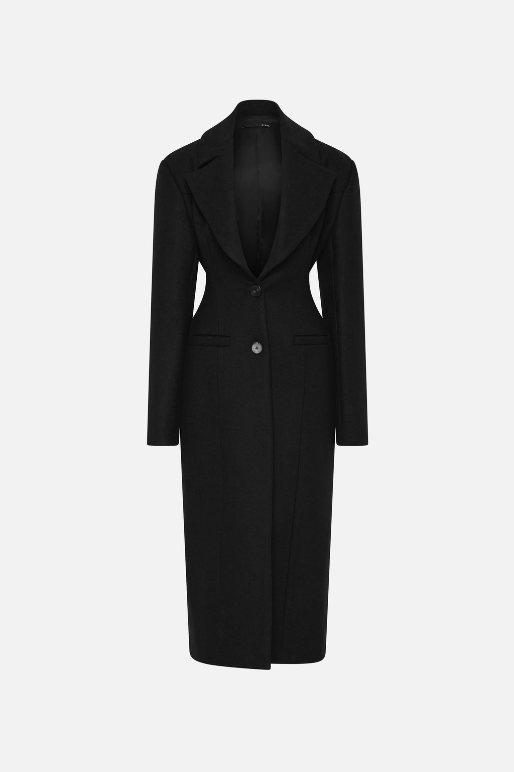 Black long coat with notched lapels, button closure, and waist shape