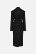 Black long coat with notched lapels, button closure, and waist shape