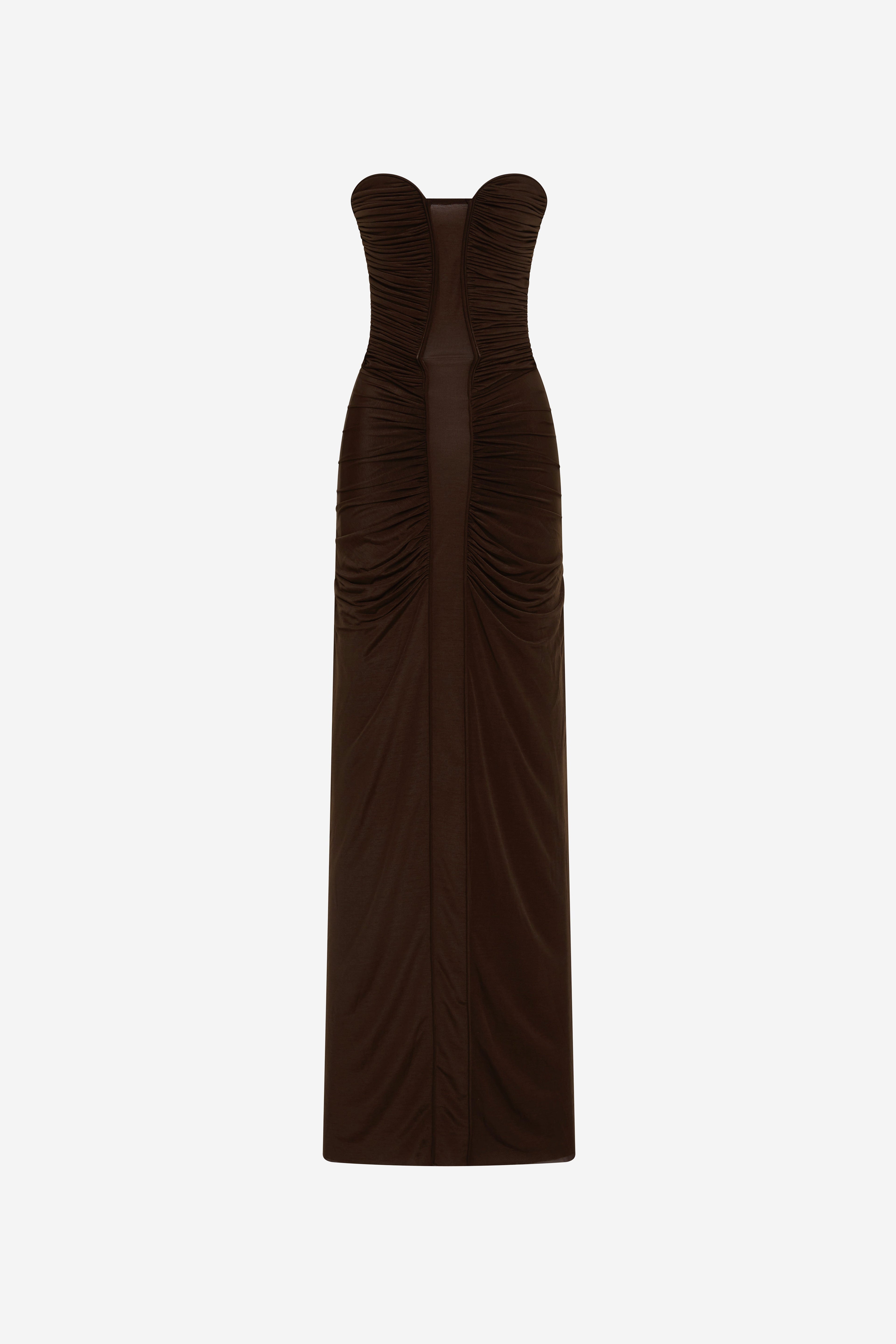 Chocolate strapless corset midi jersey dress, ruched center seams and tapered skirt