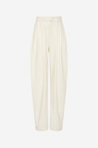 Ivory pleated barrel-leg trousers with front pleats and wide straight legs