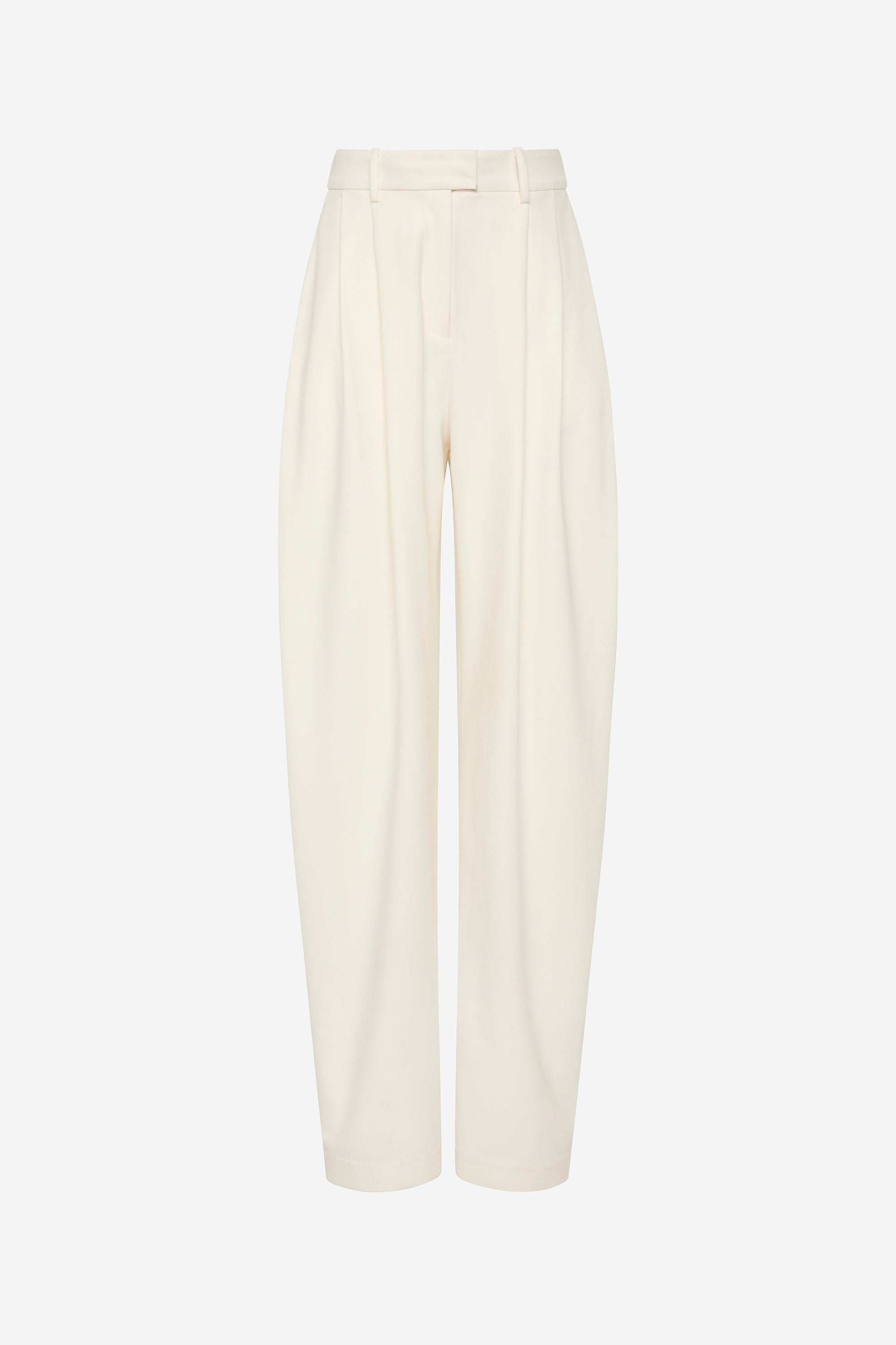 Ivory pleated barrel-leg trousers with front pleats and wide straight legs
