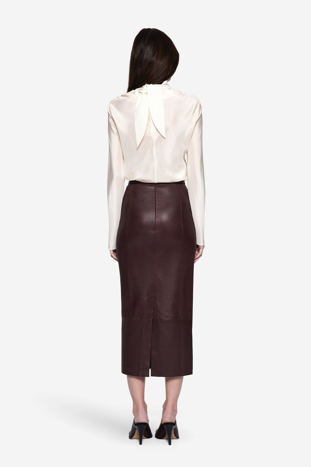 Winter-white sheer silk blouse back view with open neck tie detail