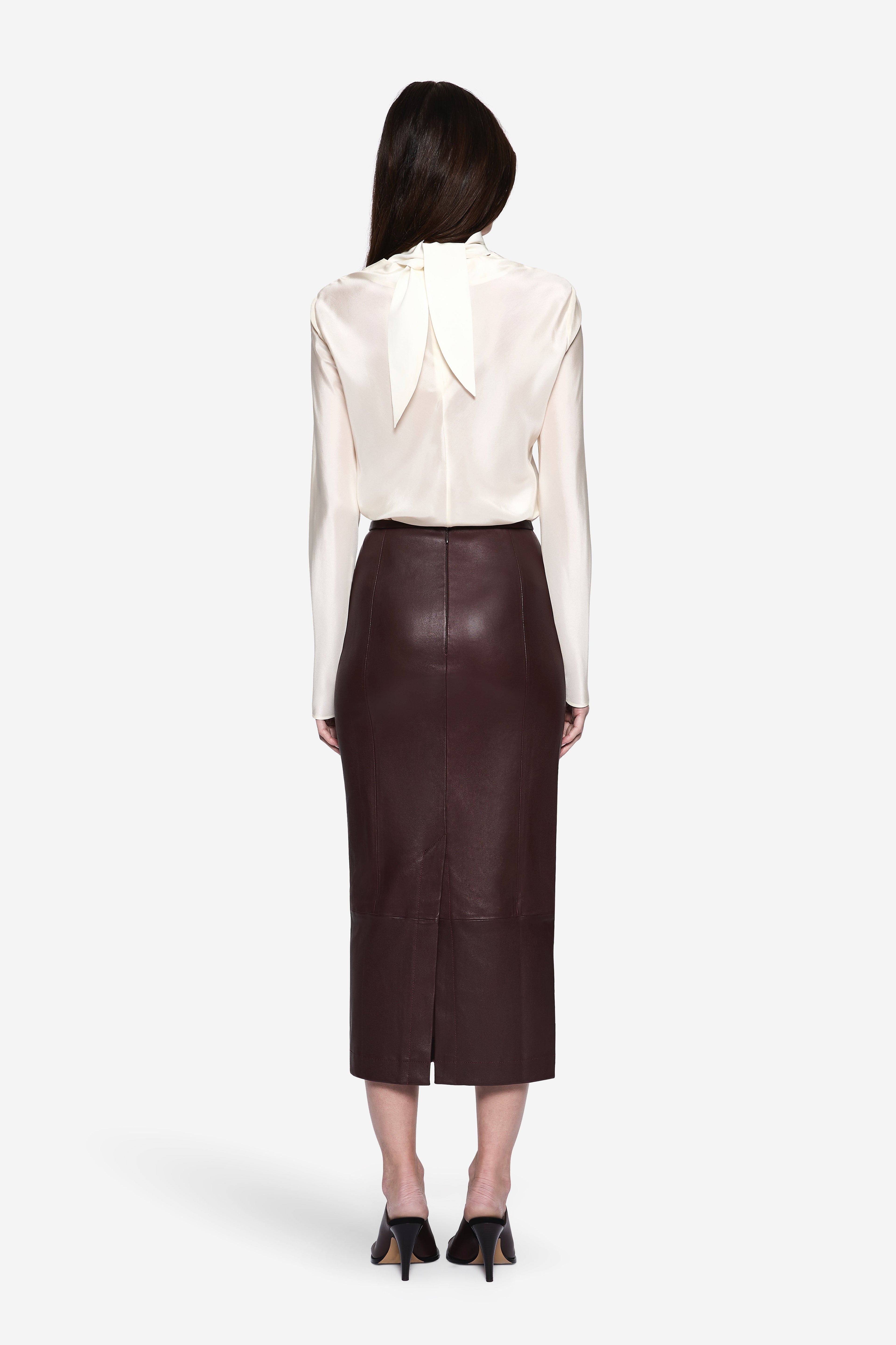 Winter-white sheer silk blouse back view with open neck tie detail