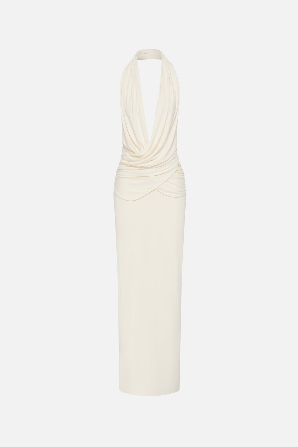 Ivory sleeveless column dress with draped V-neck and gathered waist detail