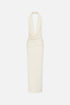Ivory sleeveless column dress with draped V-neck and gathered waist detail