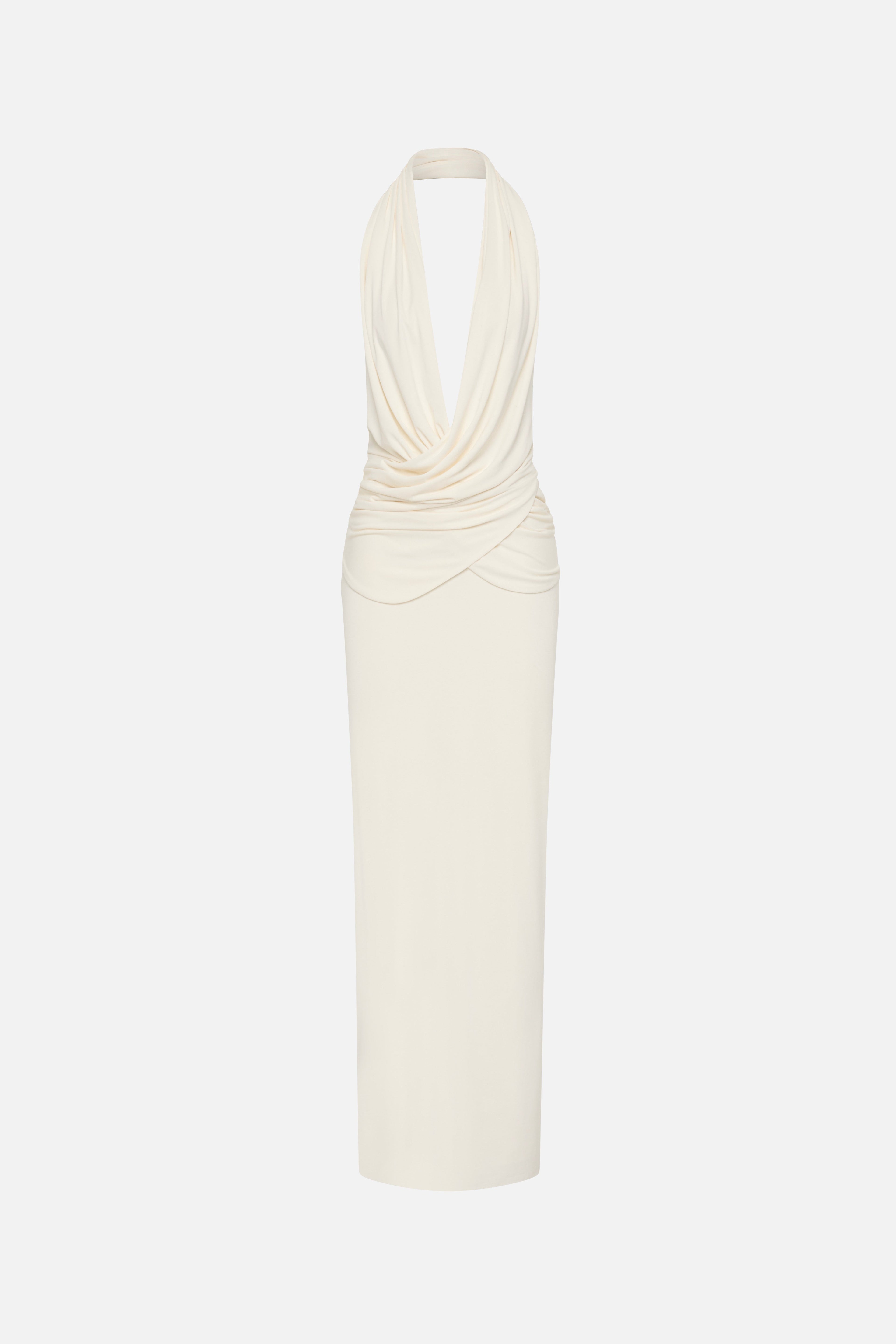 Ivory sleeveless column dress with draped V-neck and gathered waist detail