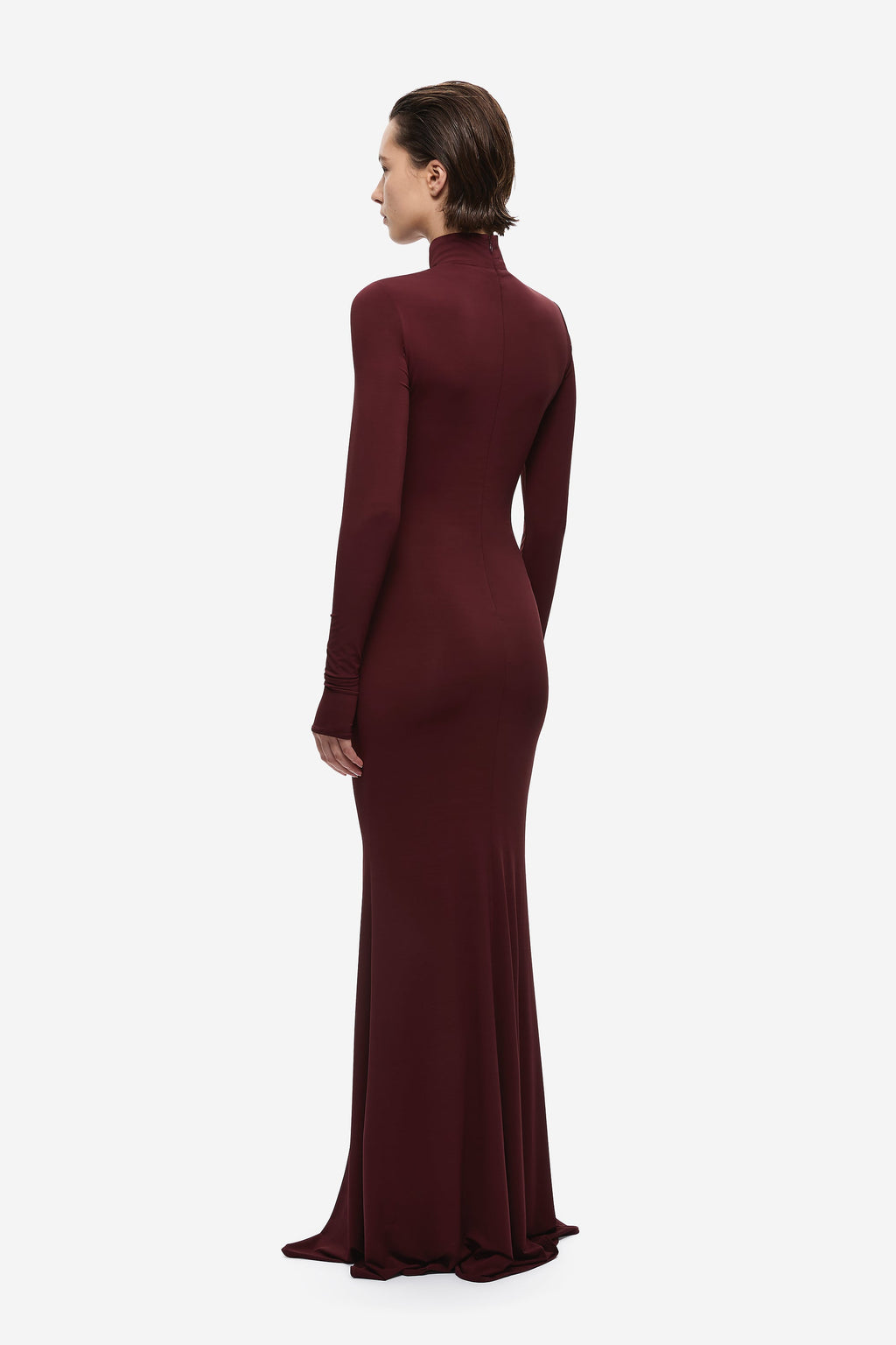 Maroon long-sleeve maxi dress shown from the back with mock neck