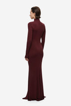 Maroon long-sleeve maxi dress shown from the back with mock neck