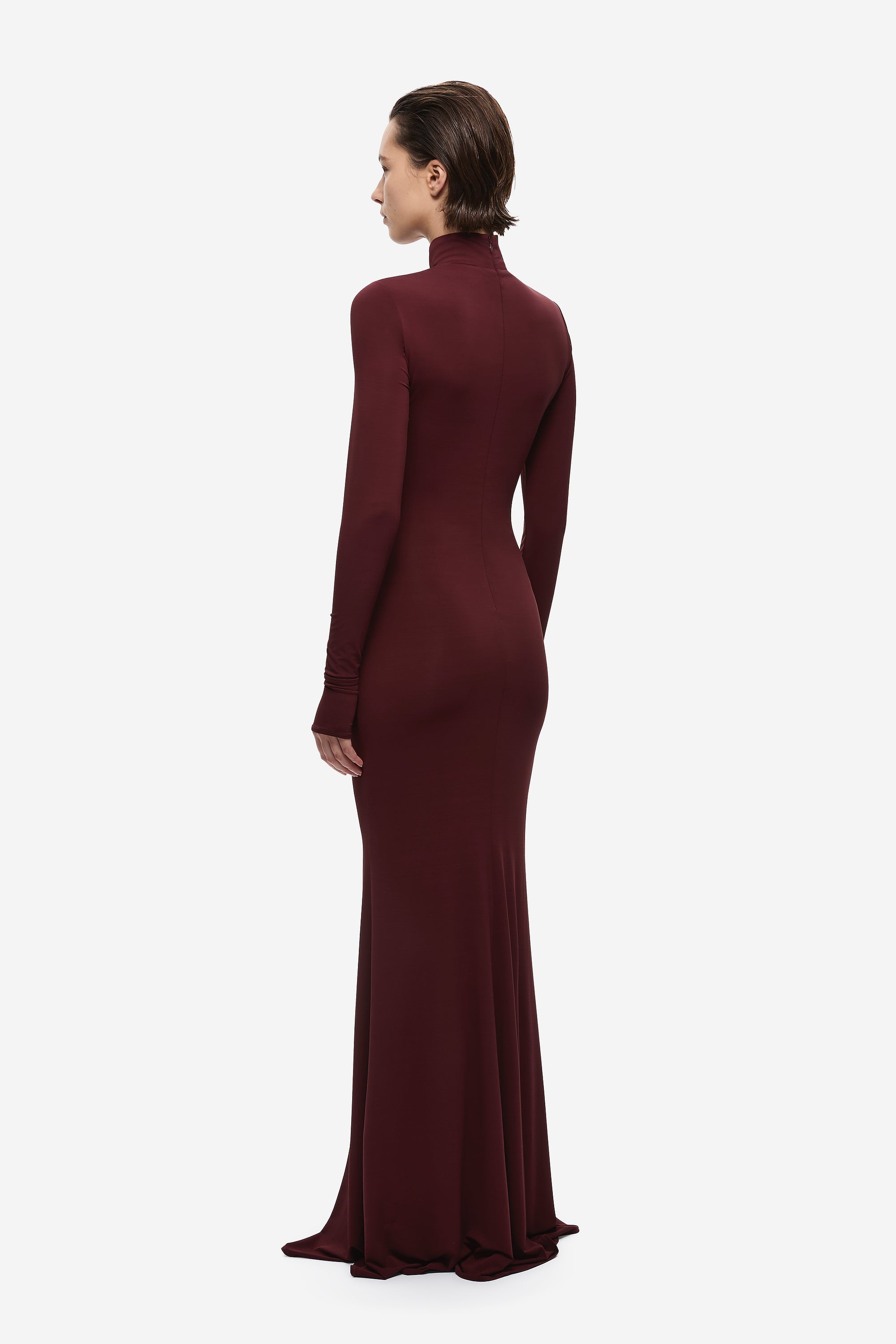 Maroon long-sleeve maxi dress shown from the back with mock neck