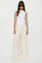 Rhinestone palazzo pants in winter white with high-rise waistband and wide legs