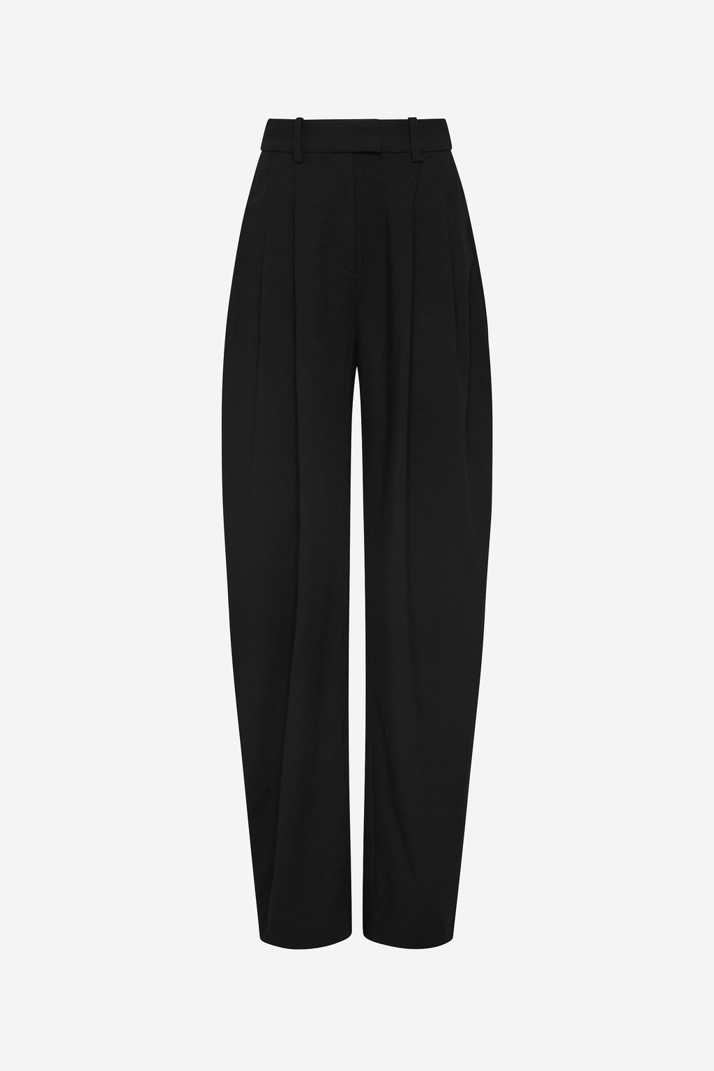 Black pleated barrel-leg trousers front view with waistband and belt loops