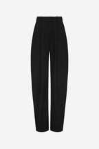 Black pleated barrel-leg trousers front view with waistband and belt loops