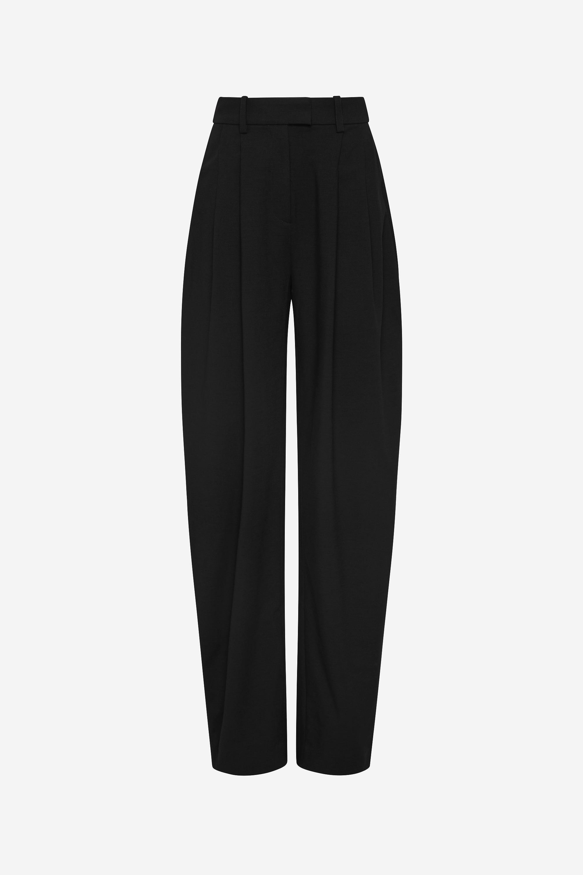 Black pleated barrel-leg trousers front view with waistband and belt loops