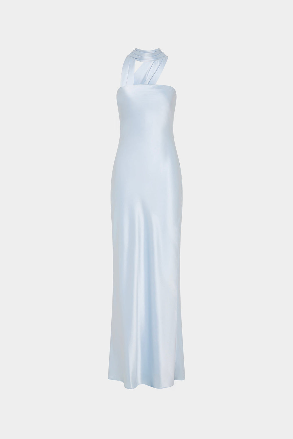 Light blue satin slip dress, strapless bandeau neckline, column silhouette.