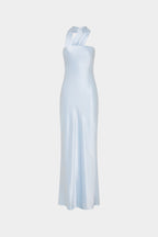 Light blue satin slip dress, strapless bandeau neckline, column silhouette.