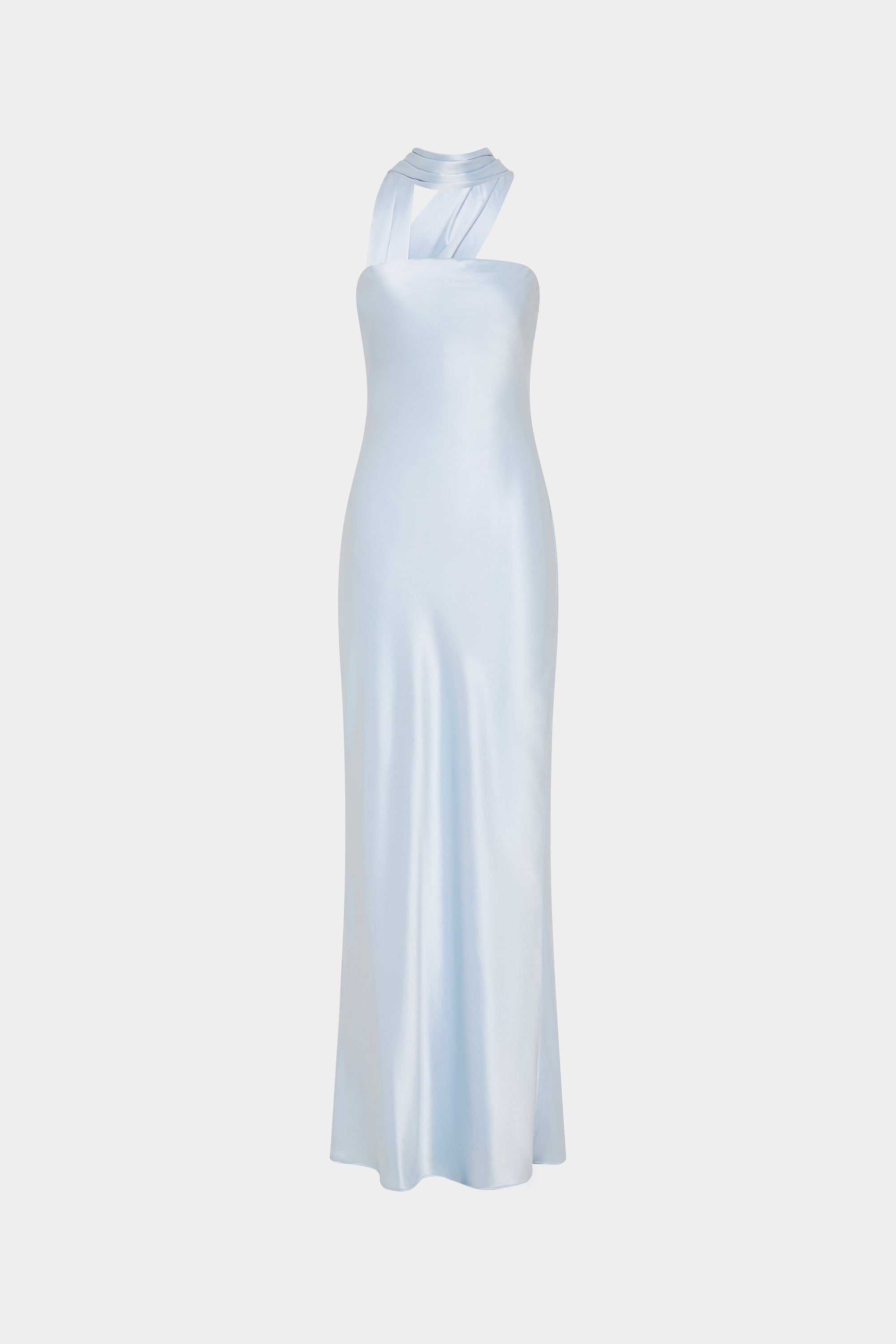 Light blue satin slip dress, strapless bandeau neckline, column silhouette.