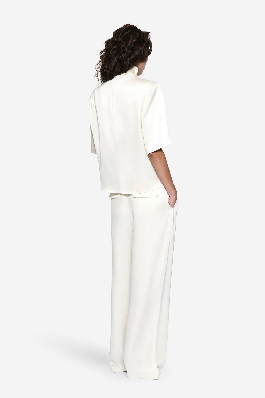 White acetate tee with high mock neck and short sleeves, back view