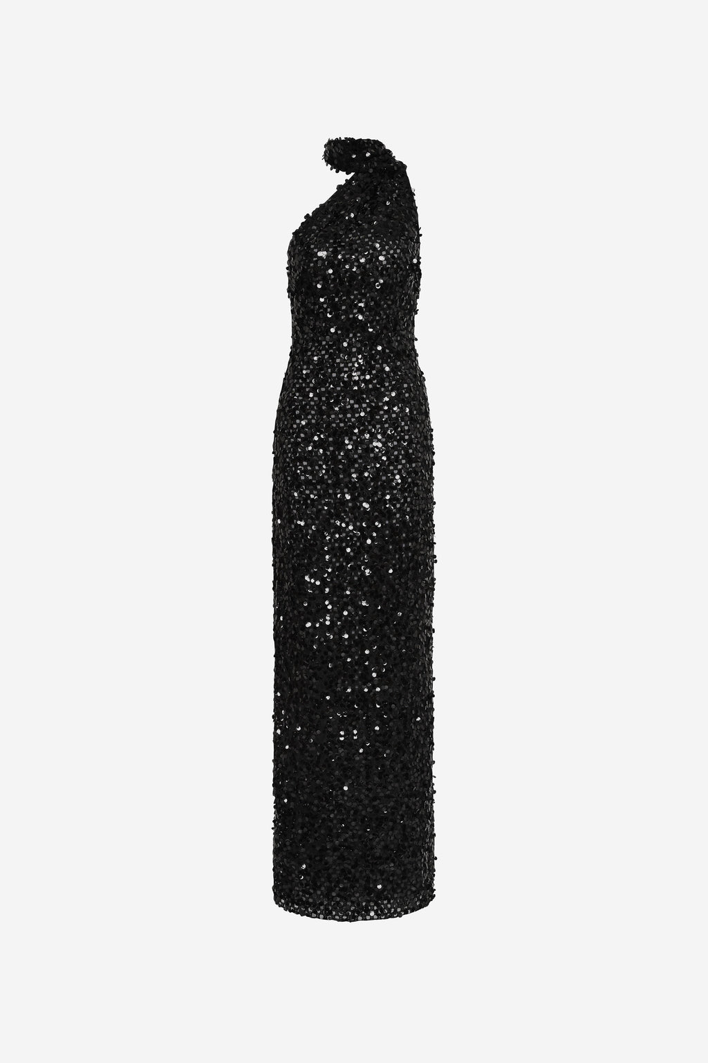 Black sequined column dress silhouette, sleeveless with halter neckline