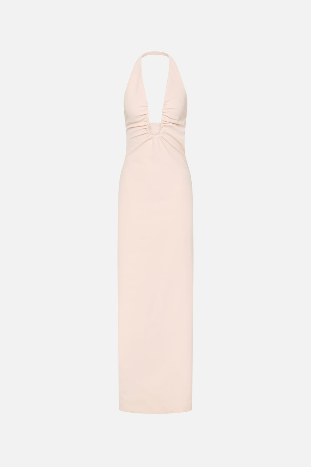 Soft pink crepe halter dress with ruched bust and keyhole neckline
