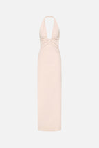 Soft pink crepe halter dress with ruched bust and keyhole neckline