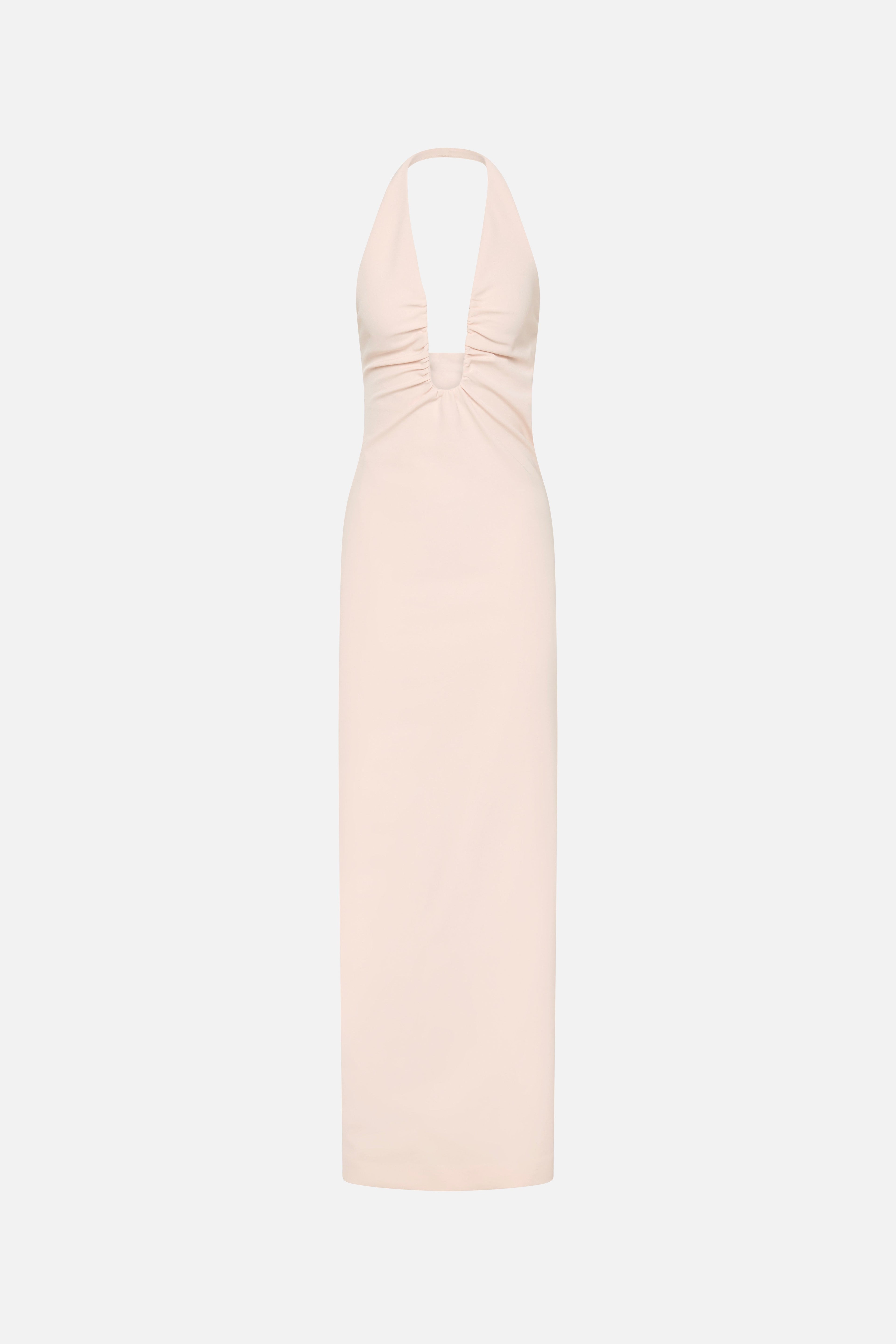 Soft pink crepe halter dress with ruched bust and keyhole neckline
