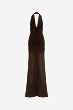Chocolate brown halter braided ruched maxi dress, draped skirt, sleeveless