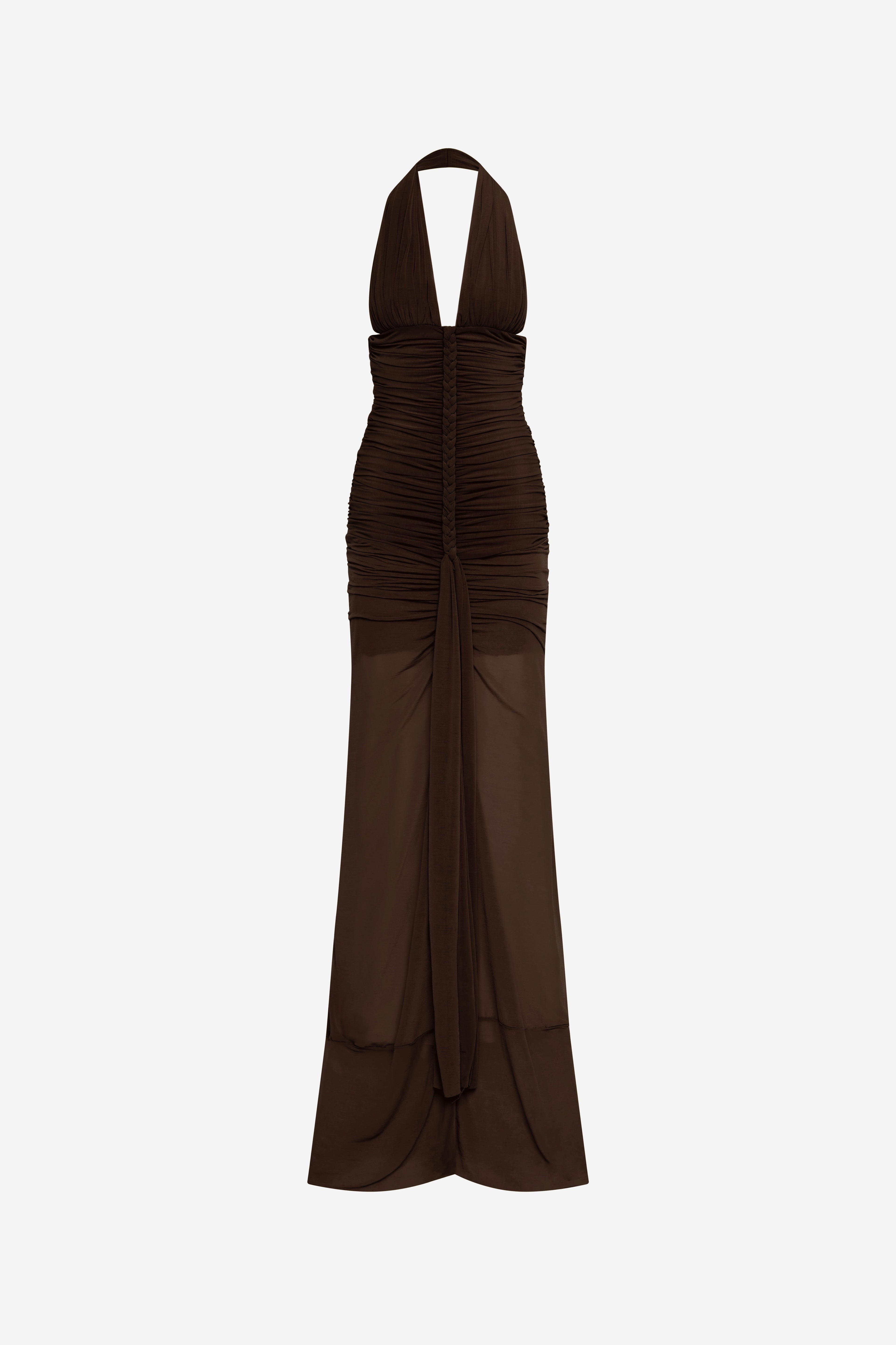 Chocolate brown halter braided ruched maxi dress, draped skirt, sleeveless
