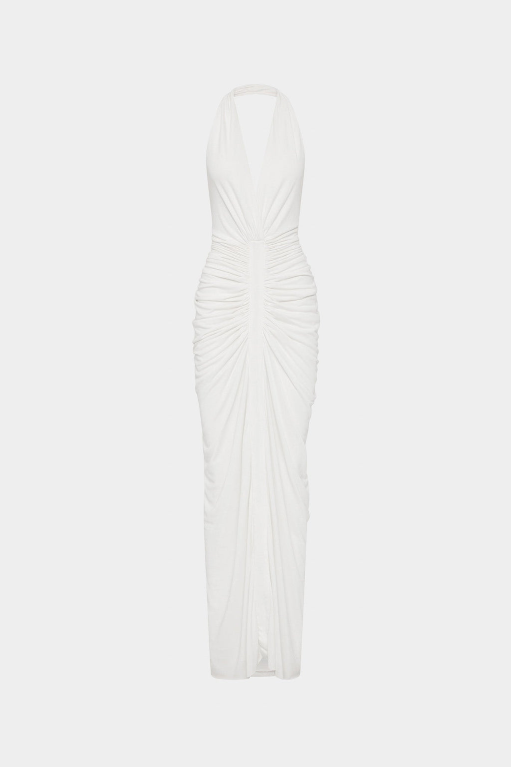 Ivory halter gathered cupro dress, sleeveless column silhouette, ruched waist