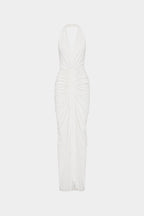 Ivory halter gathered cupro dress, sleeveless column silhouette, ruched waist