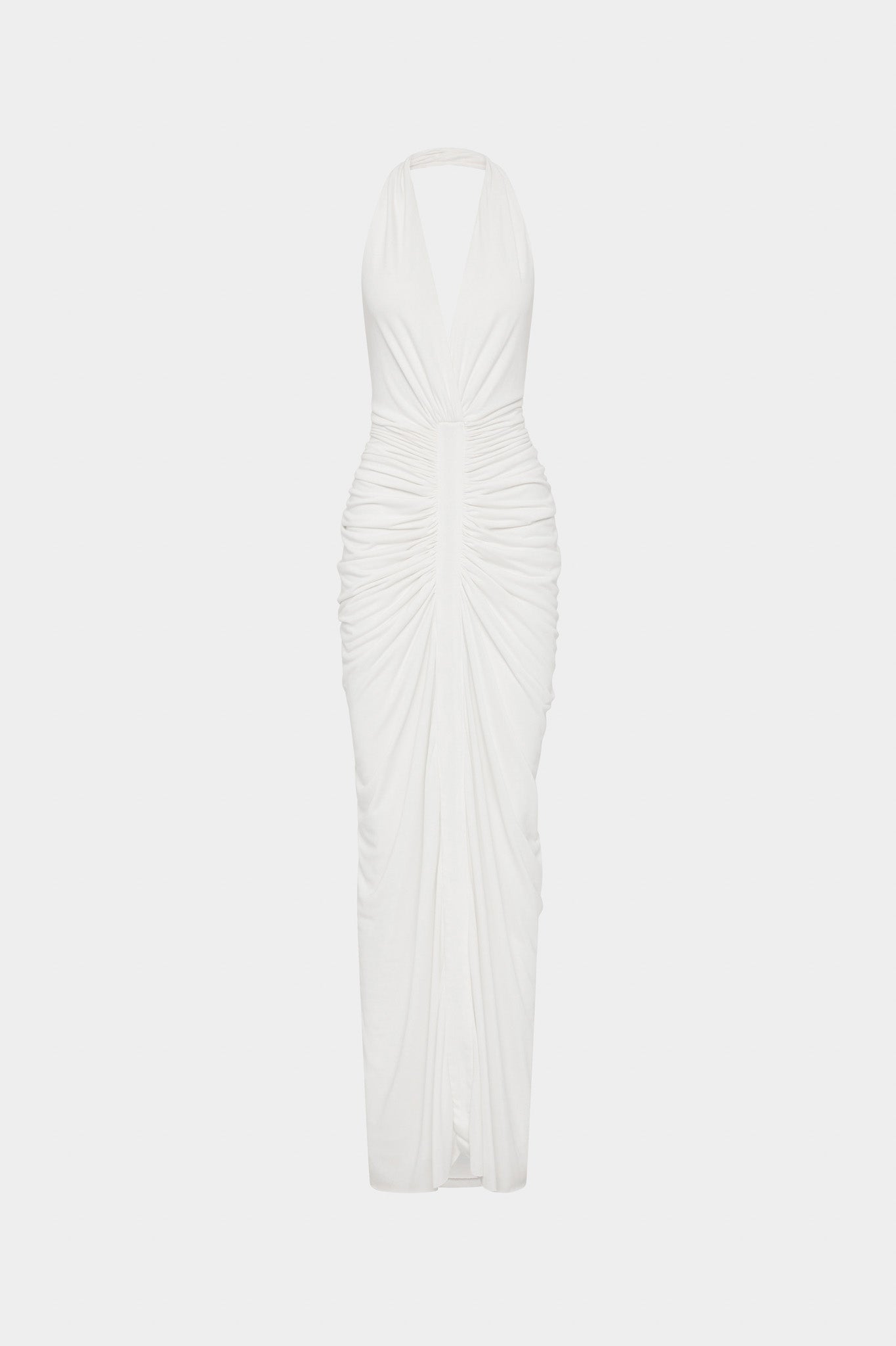 Ivory halter gathered cupro dress, sleeveless column silhouette, ruched waist