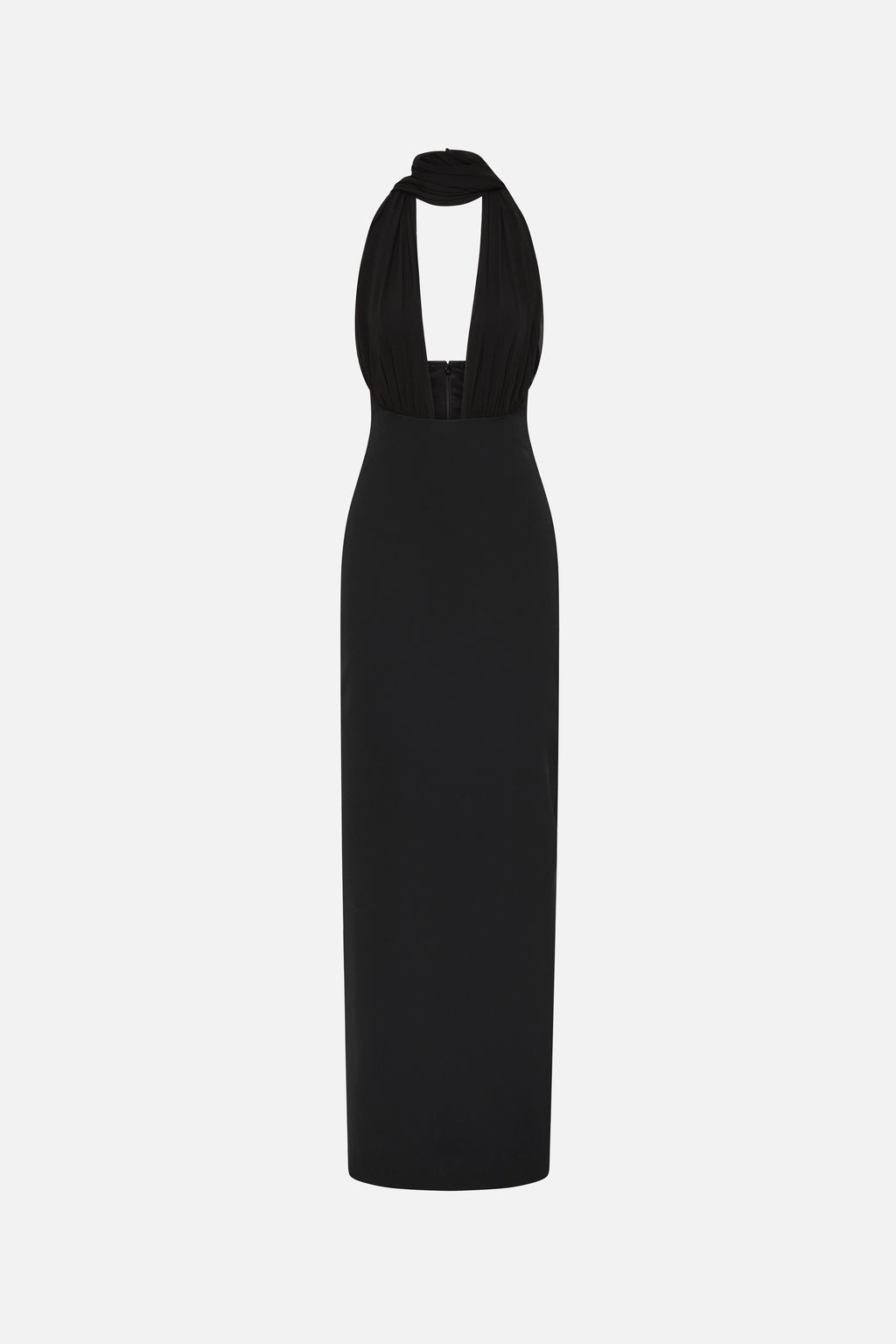 Black halter silk dress, sleeveless column maxi with open back cutout
