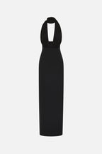 Black halter silk dress, sleeveless column maxi with open back cutout