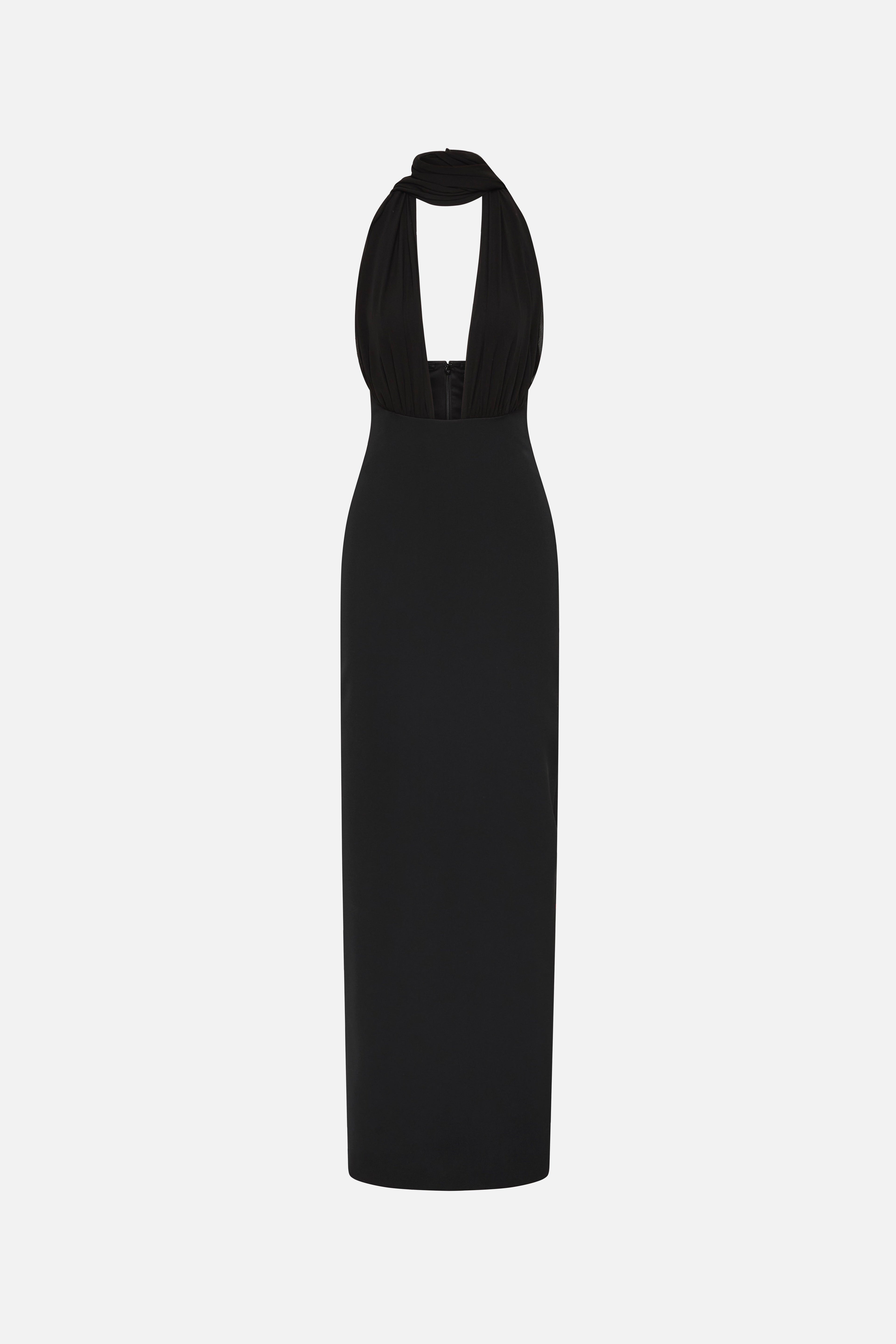 Black halter silk dress, sleeveless column maxi with open back cutout