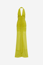 Lime green sleeveless halter braided dress with ruched front and draped back slit