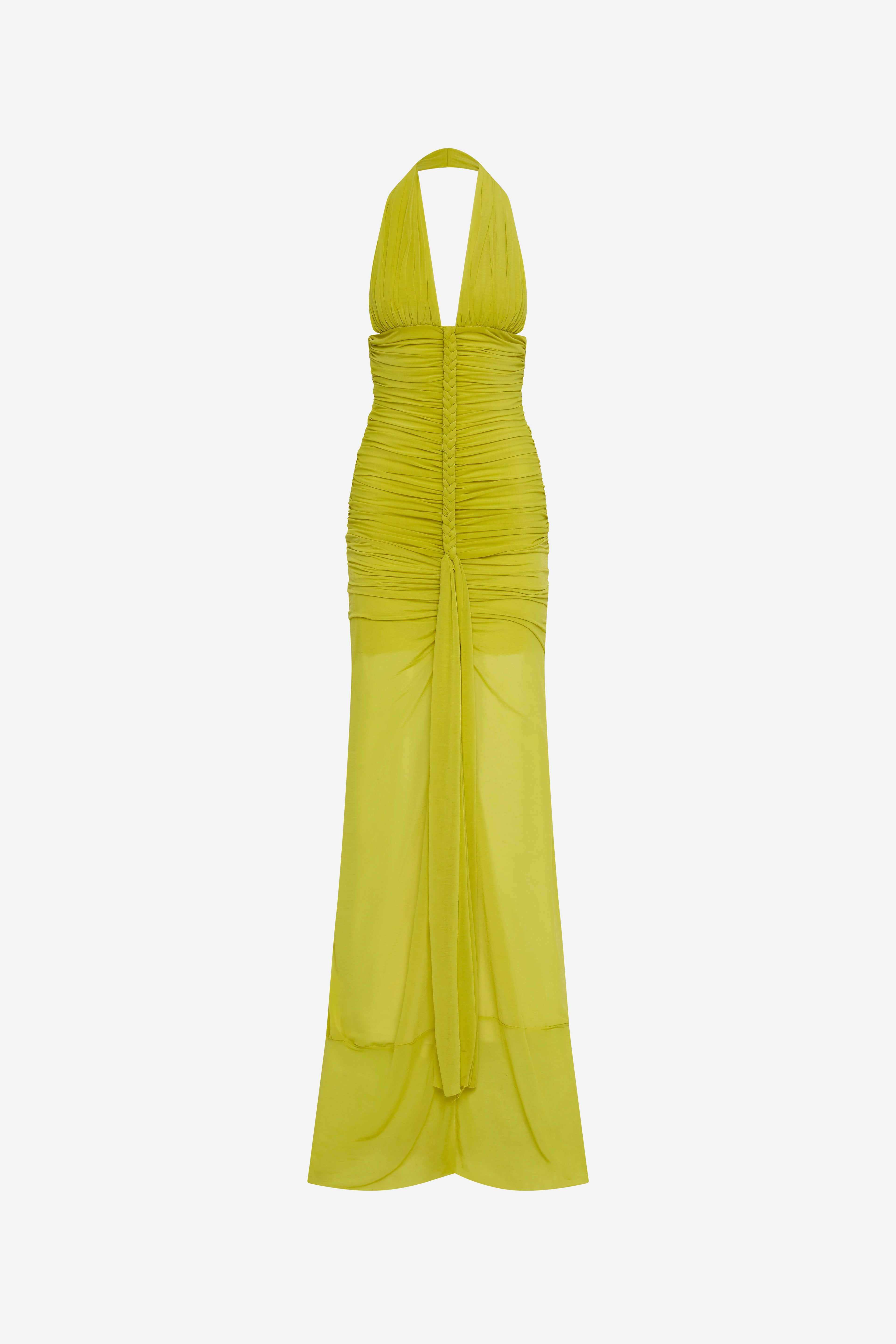 Lime green sleeveless halter braided dress with ruched front and draped back slit