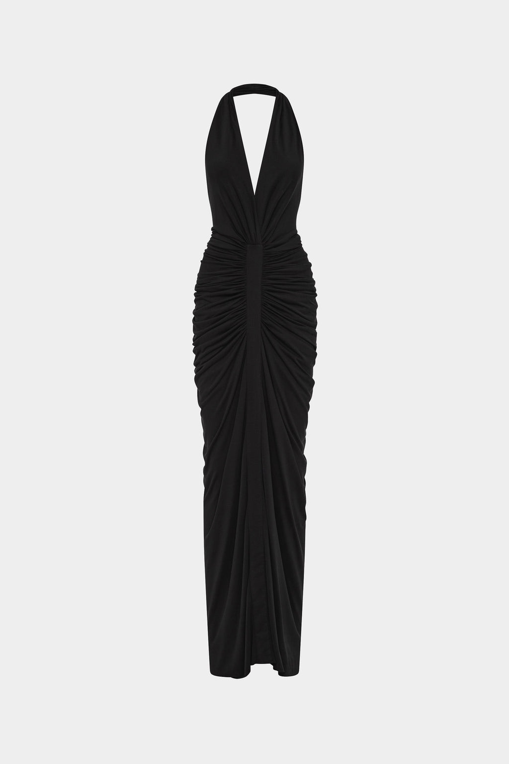 Black gathered cupro halter evening dress with ruched drape column silhouette
