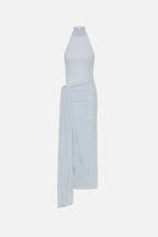 THE SIPARIO mesh dress in sky blue, mock neck, draped asymmetrical midi hem