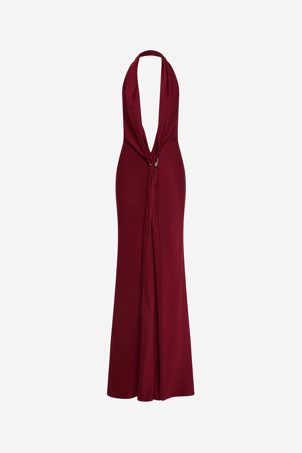 Jester red satin halter maxi dress, open back with tie detail