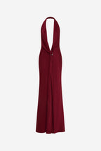 Jester red satin halter maxi dress, open back with tie detail