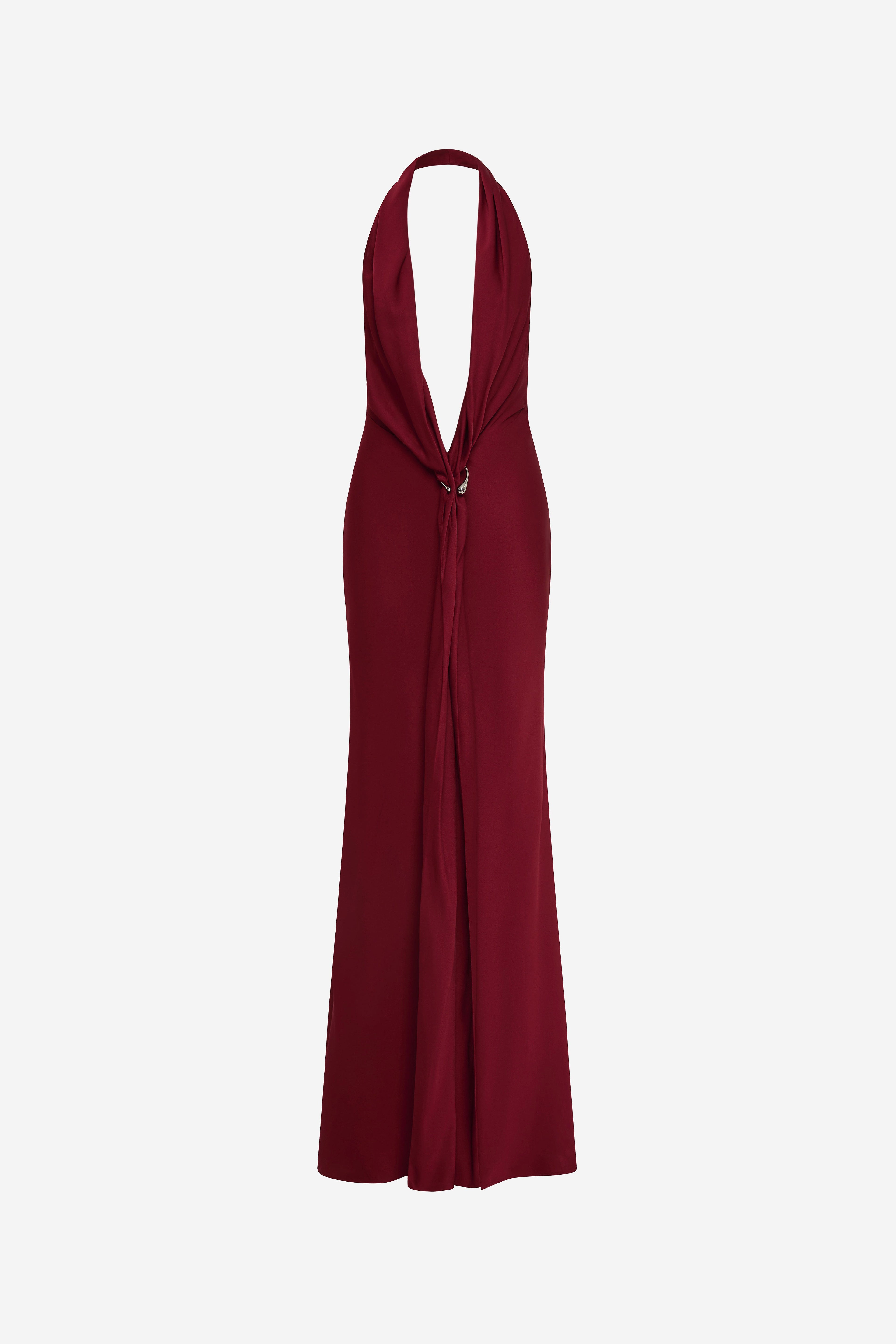 Jester red satin halter maxi dress, open back with tie detail