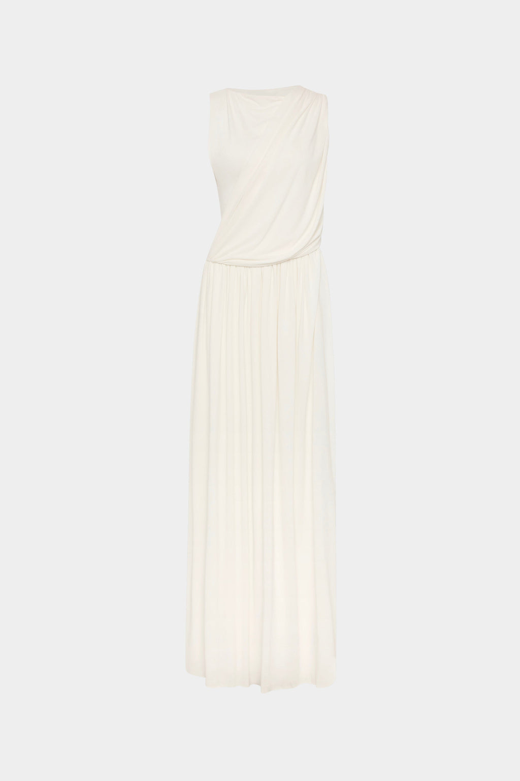Ivory sleeveless maxi dress with draped cowl neckline and gathered waist